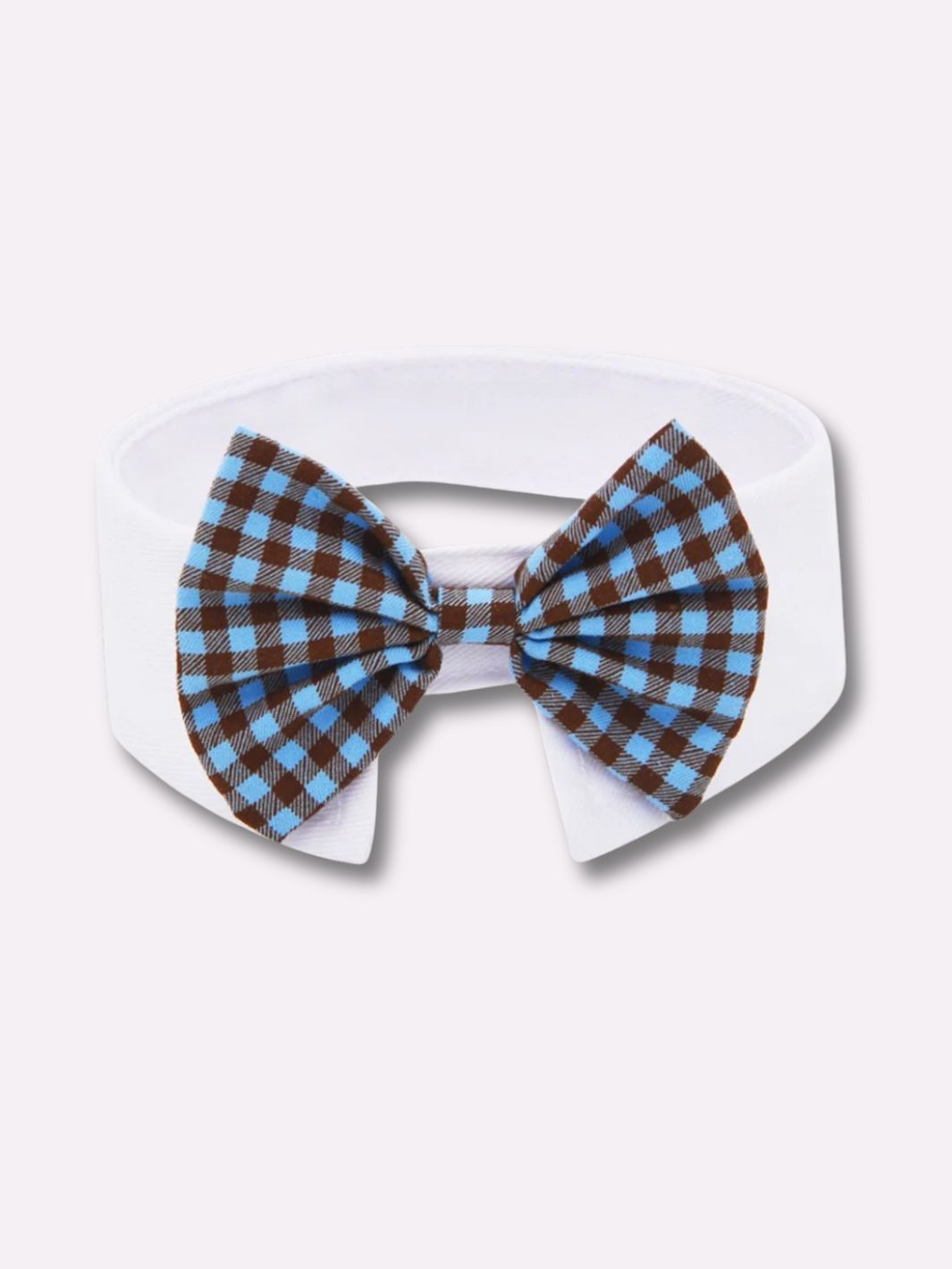 Un collier noeud papillon pour chien à carreaux bleus et marrons