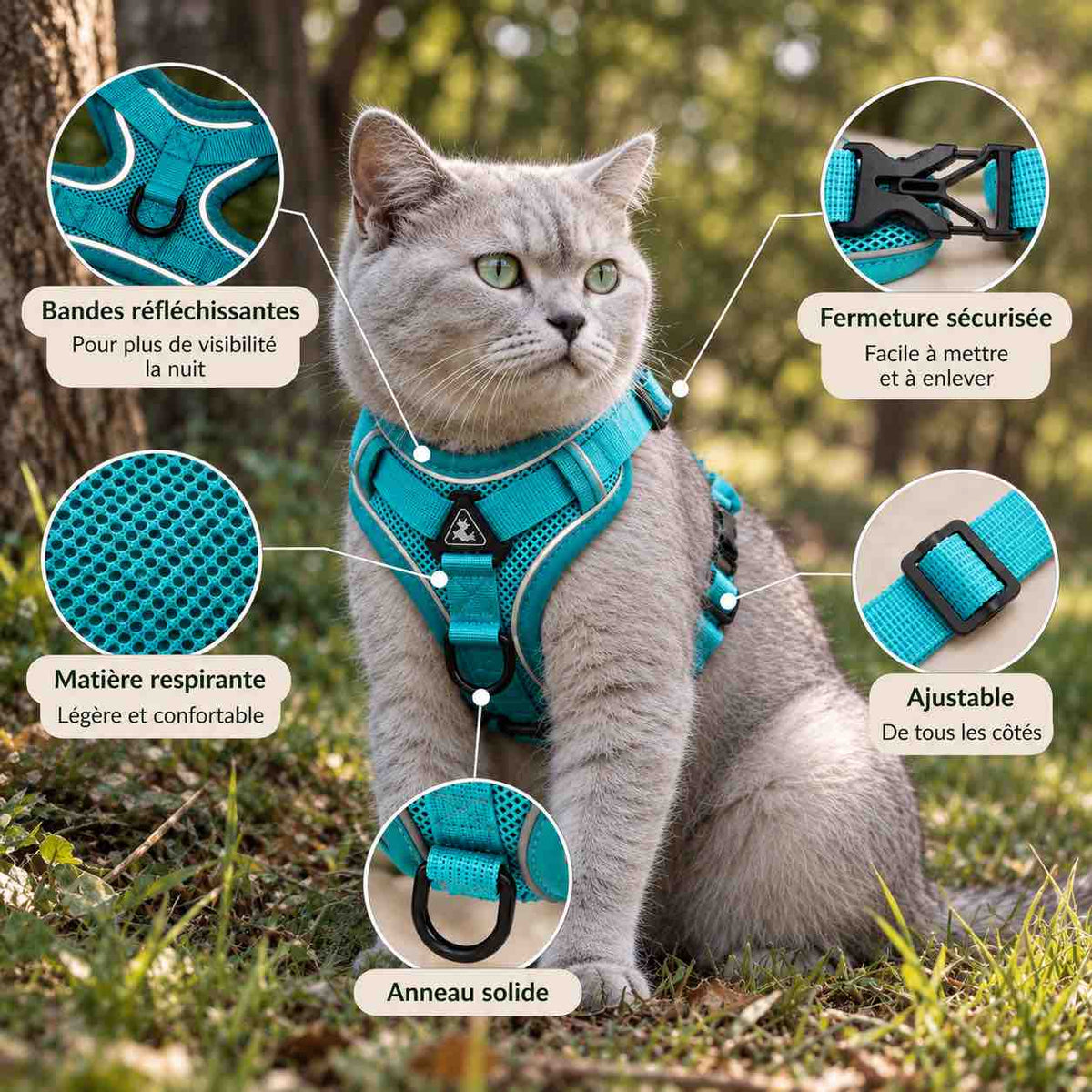 Détails du harnais et laisse pour chat réfléchissant bleu