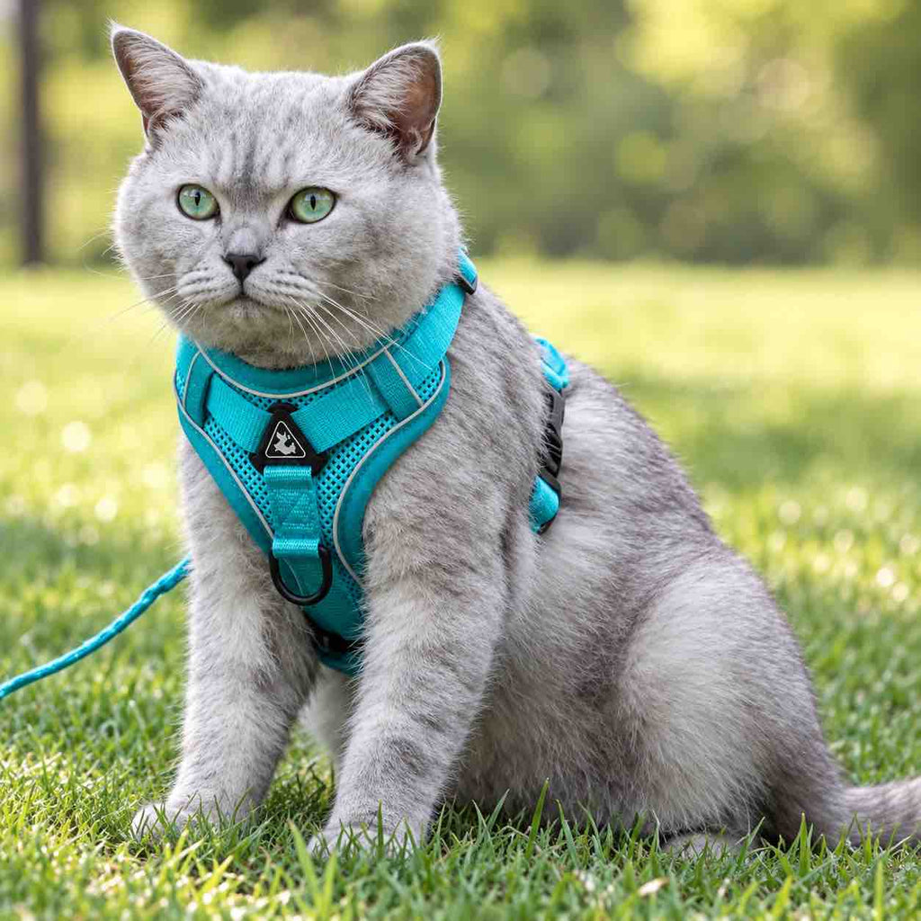 Un chat gris avec un harnais pour chat bleu réfléchissant dans l'herbe