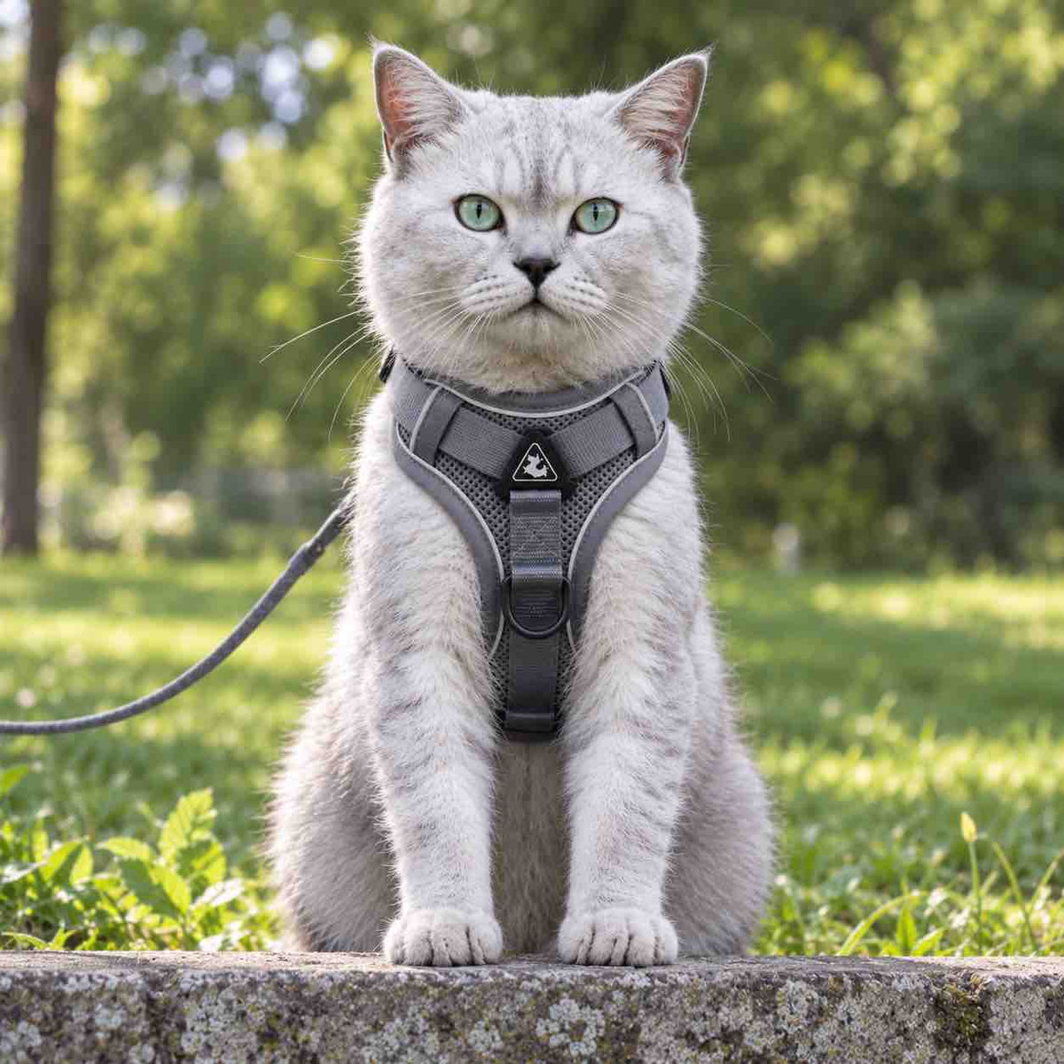 Un chat gris avec un harnais pour chat réfléchissant gris
