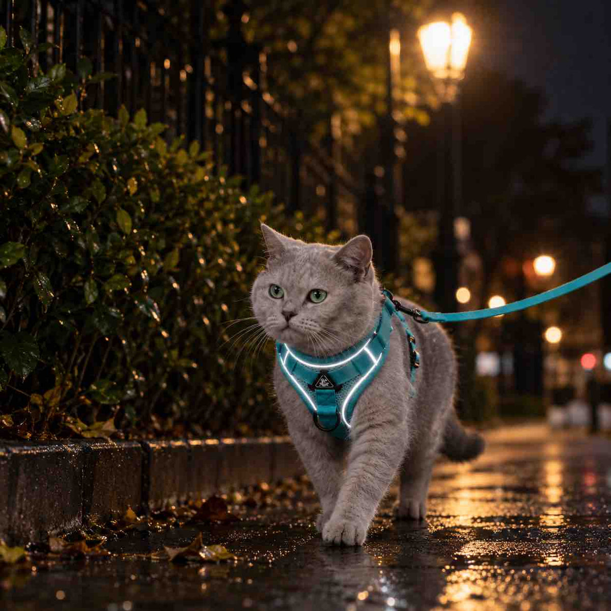 Un chat gris avec un harnais pour chat réfléchissant bleu dans la nuit
