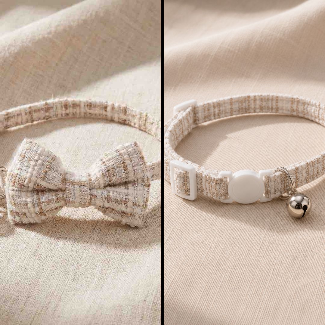 Un noeud papillon pour chat anti-étranglement à gauche et le même collier mais sans le noeud à droite