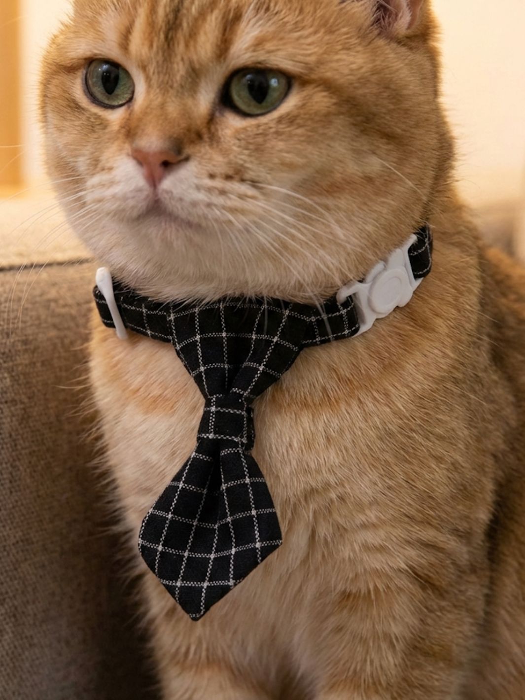 Un chat roux portant un cravate noire