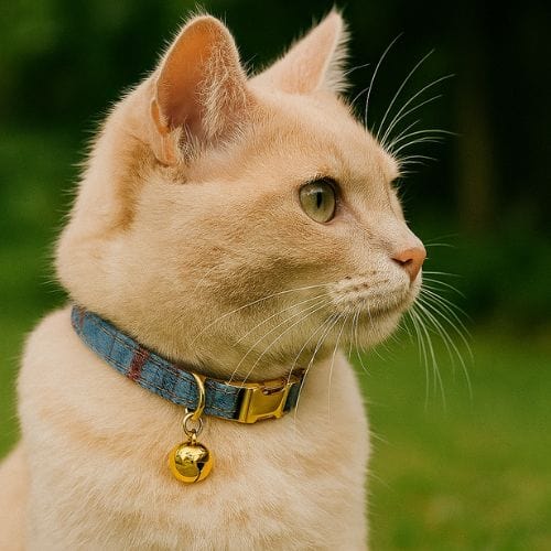 Chat crème portant un collier bleu en tissu avec boucle dorée et petite clochette, assis dans un jardin.