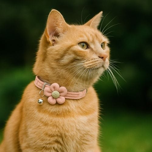 Un chat roux portant un collier rose avec une fleurs et une clochette.
