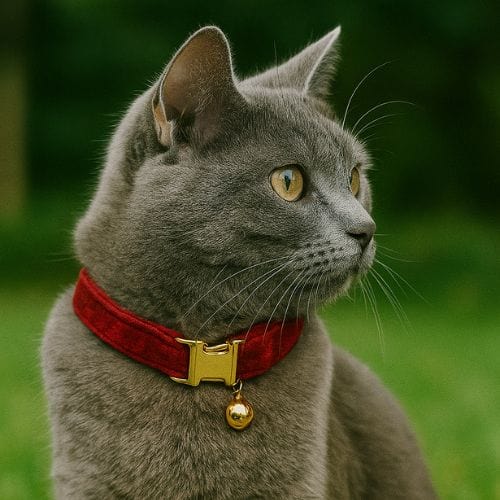 Un chat gris portant un collier en velours rouge avec une clochette