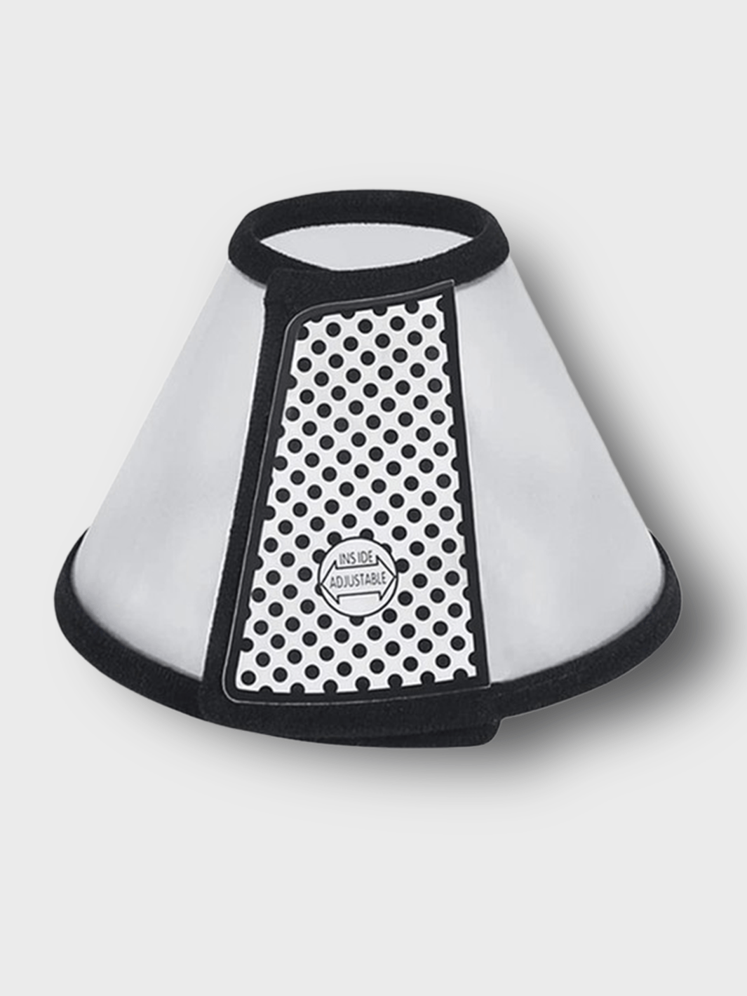 Un chat au pelage roux est assis dans un jardin verdoyant, portant un collier en cuir brun avec une plaque métallique gravée du prénom 