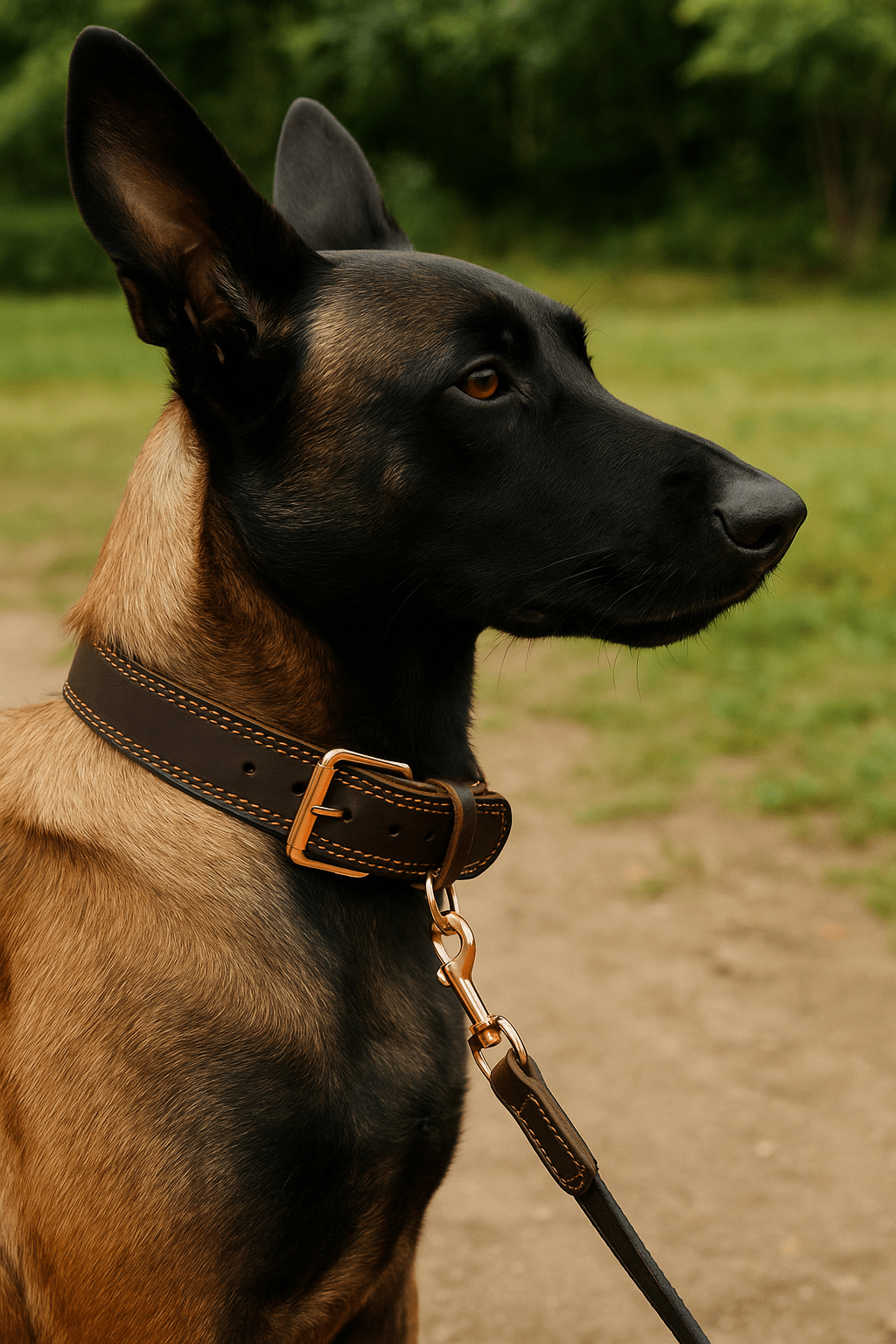 Chien Malinois au pelage fauve et noir assis dans un parc, vu de profil, portant un large collier en cuir marron foncé avec des coutures orange et une boucle métallique dorée. Le collier est attaché à une laisse assortie. L’arrière-plan montre un chemin en terre et de la verdure floue.